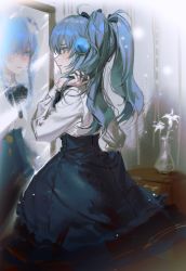 Rule 34 | 1girl, blouse, blue eyes, blue hair, collared shirt, eyebrows hidden by hair, flower, frown, gem, hair between eyes, high collar, highres, long bangs, long hair, looking at mirror, lord of heroes, mirror, mu (lord of heroes), pale skin, reflection, shirt, solo, twintails, vase, volff, white shirt