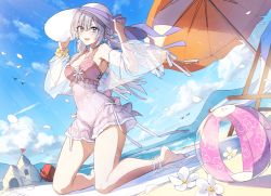 Rule 34 | 1girl, :d, amamiya chitose, ball, bare shoulders, barefoot, beach, beach chair, beach umbrella, beachball, bird, blue eyes, blue sky, blush, bow, breasts, bucket, bullet code: firewall, cloud, covered navel, day, dutch angle, flower, frilled swimsuit, frills, full body, hair bow, hat, hat ribbon, holding, holding clothes, holding hat, kneeling, leg ribbon, light purple hair, long hair, looking at viewer, low twintails, medium breasts, mountainous horizon, official art, one-piece swimsuit, open mouth, outdoors, petals, purple ribbon, ribbon, sand castle, sand sculpture, scrunchie, sky, smile, solo, sun hat, swimsuit, thighs, twintails, umbrella, wata (attaka towel), white bow, white flower, white hat, white ribbon, wrist scrunchie, yellow scrunchie