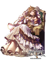 Rule 34 | 1girl, bare shoulders, breasts, brown hair, chair, chrono brigade, cleavage, detached collar, detached sleeves, dress, gabiran, hand up, medium breasts, official art, puffy sleeves, scepter, simple background, sitting, solo, watermark, white background, white dress