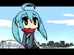 Rule 34 | 1girl, ahoge, aqua eyes, aqua hair, chan co, chibi, day, hatsune miku, letterboxed, necktie, red scarf, scarf, sky, solo, twintails, upper body, vocaloid