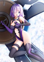 Rule 34 | 1girl, baozha gangbi, black footwear, black gloves, boots, breasts, cleavage, cleavage cutout, clothing cutout, elbow gloves, fate/grand order, fate (series), gloves, groin, hair over one eye, highleg, highleg leotard, highres, holding, holding shield, leg up, leotard, mash kyrielight, medium breasts, medium hair, midriff, navel, open mouth, purple eyes, purple gloves, purple hair, purple leotard, revealing clothes, shield, shiny footwear, solo, stomach, stomach cutout, thigh boots, thigh strap, thighhighs, twitter username, two-tone gloves