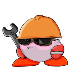 Rule 34 | beard stubble, crossover, engineer (tf2), facial hair, full body, goggles, hard hat, helmet, kirby, kirby (series), nintendo, no humans, simple background, solo, standing, stubble, team fortress 2, valve, white background, wrench