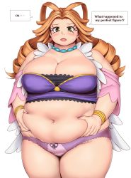 Rule 34 | 1girl, antenna hair, belly grab, blush, bow, bow panties, breasts, cleavage, commentary request, commission, drill hair, earrings, english text, fat, future card buddyfight, gokuraku ageha, highres, jewelry, large breasts, light brown hair, lips, lipstick, long hair, looking at viewer, makeup, muffin top, navel, necklace, open mouth, orizen, panties, plump, purple panties, solo, speech bubble, sweatdrop, tareme, thick arms, thick thighs, thighs, underwear, yellow eyes