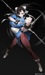Rule 34 | 1girl, absurdres, black background, black bracelet, black eyes, blurry, bracelet, bright pupils, brown hair, brown pantyhose, capcom, chun-li, clenched hand, closed mouth, covered erect nipples, covered navel, double bun, earrings, eyeshadow, fighting stance, frills, grey footwear, hair bun, hatching (texture), highres, jewelry, makeup, nicholas f, pantyhose, pink eyeshadow, puffy sleeves, punching, short hair, simple background, smile, solo, spiked bracelet, spikes, standing, street fighter, weibo logo, weibo watermark, white pupils
