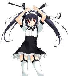 Rule 34 | arms up, black garter straps, black hair, cathead, dress, garter belt, garter straps, golf club, hairband, kooh, pangya, red eyes, solo, thighhighs, twintails, white thighhighs