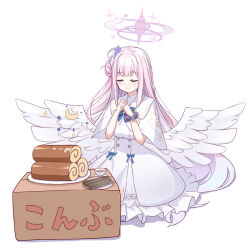 Rule 34 | 1girl, angel wings, blue archive, blunt bangs, box, cake, capelet, cardboard box, commentary request, dress, feathered wings, food, frilled dress, frills, hair bun, hair ornament, halo, interlocked fingers, long hair, mika (blue archive), miso soup, o (rakkasei), one side up, own hands together, pink hair, plate, praying, school uniform, scrunchie, seaweed, sidelocks, simple background, single side bun, sitting, smile, solo, swiss roll, translation request, white background, white dress, white wings, wings, wrist scrunchie