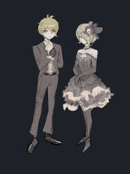 Rule 34 | 1boy, 1girl, alternate costume, amami rantaro, antenna hair, arm behind back, ascot, bare shoulders, belt, belt buckle, black background, black belt, black collar, black dress, black footwear, black gloves, black jacket, black pants, black suit, blonde hair, buckle, center frills, cleavage cutout, clenched hand, closed mouth, clothing cutout, collar, collared shirt, commentary, danganronpa (series), danganronpa v3: killing harmony, dress, ear piercing, elbow gloves, english commentary, expressionless, formal, frilled sleeves, frills, full body, gloves, green eyes, green hair, hair between eyes, hair ornament, hair over one eye, hand on hand, hand on own chest, hands on lap, highres, jacket, long sleeves, looking at viewer, medium dress, multiple piercings, o-ring, open clothes, open jacket, pants, piercing, qosic, shirt, shoes, short hair, simple background, skull hair ornament, smile, spider web print, standing, strapless, strapless dress, suit, tojo kirumi, tuxedo, white ascot, white shirt, yellow eyes