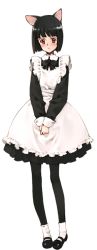 Rule 34 | 1girl, :o, animal ears, apron, black hair, blunt bangs, blush, bob cut, bow, bowtie, cat ears, dress, embarrassed, flat chest, full body, littlewitch, maid, maid apron, mary janes, official art, ooyari ashito, open mouth, pantyhose, pink eyes, shoes, short dress, short hair, shoujo mahou gaku littlewitch romanesque, socks, solo, standing, straight-on, teie (littlewitch), tillet, transparent background, wrist cuffs
