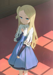 Rule 34 | 1girl, blonde hair, blue eyes, blue skirt, blurry, blurry background, closed mouth, depth of field, feet out of frame, hand on own chest, high-waist skirt, highres, long hair, long sleeves, looking at viewer, mary (princess principal), one side up, princess principal, princess principal crown handler, shirt, skirt, solo, standing, wasabi60, white shirt