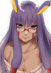 Rule 34 | 1girl, :p, absurdres, animal ears, bad id, bad pixiv id, bespectacled, blue eyes, blush, breasts, cleavage, clothes pull, collarbone, commentary request, dark-skinned female, dark skin, earrings, facial mark, fate/grand order, fate (series), glasses, highres, jackal ears, jewelry, large breasts, long hair, nitocris (fate), purple hair, red-framed eyewear, ribbed sweater, signature, simple background, solo, sweater, sweater pull, taruneko, tongue, tongue out, upper body, white background, white sweater