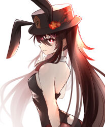 Rule 34 | 1girl, absurdres, alternate costume, animal ears, black leotard, bright pupils, brown hair, closed mouth, detached collar, fake animal ears, fake tail, flower, flower-shaped pupils, genshin impact, hat, hat flower, highres, hu tao (genshin impact), leotard, long hair, looking at viewer, playboy bunny, rabbit ears, rabbit tail, red eyes, simple background, sketch, solo, symbol-shaped pupils, tail, torakichi (torakichi neko), twintails, upper body, white background, white pupils