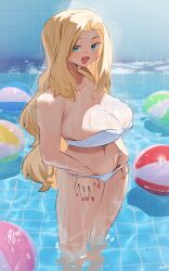 Rule 34 | 1girl, :d, ball, bikini, blonde hair, blue eyes, breasts, cleavage, highres, large breasts, long hair, looking at viewer, miami-chan (ryusei hashida), open mouth, original, red nails, ryusei hashida, smile, solo, standing, swimsuit, thighs, wading, wading pool, wet, white bikini