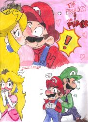 Rule 34 | !, 1girl, 2boys, blonde hair, blush, breasts, brothers, brown hair, closed eyes, constricted pupils, covering own mouth, dress, english text, gloves, heart, highres, kiss, large breasts, laughing, lipstick, long hair, luigi, makeup, mario, mario (series), multiple boys, nintendo, open mouth, pink lips, princess, princess peach, siblings, smile, super mario bros. 1, surprised, traditional media, wide-eyed
