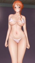 Rule 34 | 1girl, bare arms, bare legs, bare shoulders, blush, bra, breasts, brown eyes, closed mouth, earrings, flower, groin, hair flower, hair ornament, highres, jewelry, large breasts, legs, legs together, looking at viewer, nami (one piece), navel, one piece, orange hair, panties, ponte, solo, standing, tattoo, thighs, underwear