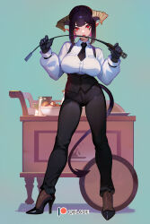 Rule 34 | 1girl, absurdres, black footwear, black gloves, black necktie, black pants, black vest, blue background, breasts, brown socks, cart, collared shirt, demon girl, demon horns, demon tail, eyebrows hidden by hair, full body, gloves, high heels, highres, hime-sama &quot;goumon&quot; no jikan desu, holding riding crop, horns, large breasts, lipstick, long bangs, looking at viewer, makeup, necktie, pants, pointy ears, purple hair, qblade, red eyes, shadow, shirt, short hair, signature, simple background, socks, solo, stiletto heels, suspenders, tail, torture tortura, tray, vest, white shirt