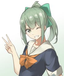 Rule 34 | 1girl, blue shirt, blunt bangs, bow, brown eyes, commentary request, green bow, green hair, grey hair, grin, hair bow, highres, kantai collection, looking at viewer, negahami, ponytail, sailor collar, school uniform, serafuku, shirt, sidelocks, simple background, smile, solo, tank top, upper body, v, white background, white sailor collar, yuubari (kancolle)