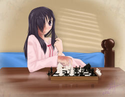 Rule 34 | 10s, board game, chess, hair over one eye, ikezawa hanako, katawa shoujo, long hair, pajamas, pink theme, scar