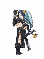 Rule 34 | bare shoulders, black hair, blue hair, boots, carrying, couple, dizzy (guilty gear), guilty gear, guilty gear x, guilty gear xx, hair ribbon, highres, hug, long hair, looking at another, moontears, open mouth, red eyes, ribbon, smile, testament (guilty gear), thighhighs, wings