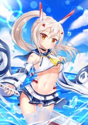 Rule 34 | 1girl, ascot, ayanami (azur lane), azur lane, bandaid, bandaid on arm, blue sailor collar, blue skirt, blue sky, blush, breasts, brown eyes, choker, closed mouth, cloud, cloudy sky, commentary request, crop top, day, detached sleeves, groin, hair between eyes, hair ornament, hand up, head tilt, headgear, high ponytail, highres, hiyada yuu, holding, holding sword, holding weapon, horizon, light brown hair, long sleeves, midriff, navel, no bra, ocean, outdoors, pleated skirt, ponytail, sailor collar, school uniform, serafuku, shirt, skirt, sky, sleeveless, sleeveless shirt, sleeves past wrists, solo, standing, sword, thighhighs, thighs, underboob, water, weapon, white shirt, white thighhighs, wide sleeves, yellow ascot