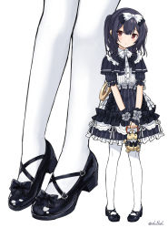 Rule 34 | black dress, black footwear, black hair, bow, bowtie, buttons, dress, eluthel, flat chest, frilled skirt, frills, gothic lolita, hair between eyes, hair bow, high heels, highres, idolmaster, idolmaster shiny colors, legs, lolita fashion, looking at viewer, medium hair, morino rinze, open mouth, pantyhose, pinstripe dress, pinstripe pattern, red eyes, shoes, short sleeves, skirt, strappy heels, striped, v arms, white legwear, wrist cuffs, zoom layer