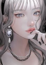 Rule 34 | 1girl, black hairband, black nails, blunt bangs, chain necklace, close-up, closed mouth, earrings, eye focus, eyelashes, finger to mouth, fingernails, gem, grey eyes, grey hair, hairband, hand up, highres, jewelry, lipstick, long hair, looking at viewer, makeup, mole, mole under eye, nail polish, necklace, original, pearl necklace, pink lips, portrait, realistic, solo, tsunko (9v2 q)