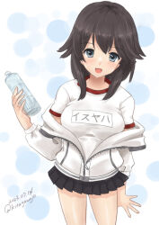Rule 34 | 1girl, black hair, black skirt, bottle, breasts, commentary request, grey eyes, gym shirt, hayasui (kancolle), holding, holding bottle, jacket, kantai collection, kitagawa mikio, large breasts, medium hair, miniskirt, name tag, one-hour drawing challenge, open clothes, open jacket, open mouth, pleated skirt, shirt, skirt, solo, track jacket, white jacket