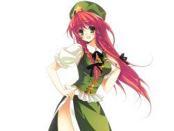 Rule 34 | 1girl, braid, china dress, chinese clothes, dress, female focus, game cg, green eyes, hair ribbon, hand on own hip, hat, hip focus, hong meiling, long hair, open mouth, pink hair, red hair, ribbon, riv (rivleaf), smile, solo, star (symbol), tachi-e, touhou, transparent background, twin braids