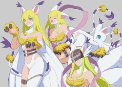 Rule 34 | 1girl, adapted costume, angewomon, animal ears, animal hands, asymmetrical clothes, belt, blonde hair, blue eyes, bodysuit, breasts, cat ears, colored sclera, covered eyes, digimon, digimon (creature), digimon adventure, elbow gloves, feathered wings, gloves, head wings, helmet, helmet over eyes, highres, long hair, multiple belts, multiple wings, rae (hexedwithluck), red sclera, single elbow glove, single pantsleg, skin tight, slit pupils, smile, solo, tail, tailmon, thick thighs, thigh strap, thighs, unworn headwear, unworn helmet, white bodysuit, white gloves, white wings, wings, wrist wings