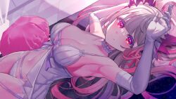 Rule 34 | 1girl, nanashi inc., absurdres, armpits, arms up, babydoll, bare shoulders, bed, bed sheet, blunt bangs, blush, bra, breasts, closed mouth, collarbone, demon girl, demon horns, elbow gloves, futayamam2, gloves, gradient hair, grey hair, hair ribbon, highres, honey strap, horns, indoors, large breasts, lingerie, long hair, looking at viewer, lying, multicolored hair, on back, on bed, panties, pillow, pink hair, red eyes, ribbon, shiny skin, smile, solo, suou patra, underwear, underwear only, virtual youtuber, white bra, white gloves, white panties