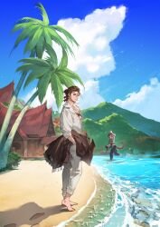 Rule 34 | 2boys, adventurer (ff14), animal ears, arm up, barefoot, beach, black pants, blue sky, boots, brown hair, brown shirt, building, cat boy, cat ears, cat tail, cloud, collared shirt, commentary, day, english commentary, final fantasy, final fantasy xiv, footprints, from side, g&#039;raha tia, hair bun, highres, holding, holding boots, holding clothes, holding footwear, holding jacket, hyur, jacket, lirica, looking at viewer, male focus, miqo&#039;te, mountainous horizon, multiple boys, ocean, outdoors, palm tree, pants, red hair, sand, scenery, shirt, short hair, single hair bun, sky, smile, standing, summer, tail, tree, unworn boots, unworn jacket, wading, warrior of light (ff14), water, waving, white pants, white shirt, wide shot