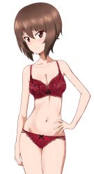 Rule 34 | 1girl, blush, bra, breasts, brown eyes, brown hair, cleavage, closed mouth, girls und panzer, hand on own hip, highres, kayabakoro, large breasts, lingerie, looking at viewer, navel, nishizumi maho, panties, red bra, red panties, short hair, solo, underwear