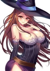 Rule 34 | 1girl, bare shoulders, blush, breasts, brown eyes, brown hair, cleavage, collarbone, detached sleeves, dragon&#039;s crown, dress, hat, highres, large breasts, lips, long hair, looking at viewer, senri gan, side slit, simple background, smile, solo, sorceress (dragon&#039;s crown), strapless, strapless dress, striped, vertical stripes, white background, witch hat