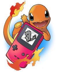 Rule 34 | artist request, blue eyes, charmander, creatures (company), fire, flame-tipped tail, game boy, game boy (original), game freak, gen 1 pokemon, handheld game console, holding, looking at viewer, nintendo, no humans, pixelated, pokemon, pokemon (creature), pokemon rgby, screen, simple background, source request, white background