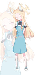 Rule 34 | 1girl, absurdres, alternate costume, angel&#039;s 24 uniform (blue archive), animal ear fluff, animal ears, aqua apron, arms behind back, black bow, black bowtie, blonde hair, blue archive, blush, bow, bowtie, forehead, fox ears, full body, gabriel automatic subtitle manual bot, halo, highres, long hair, looking at viewer, seia (blue archive), shirt, shoes, simple background, sneakers, striped bow, striped bowtie, striped clothes, very long hair, white background, white shirt, zoom layer
