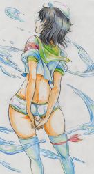 Rule 34 | 1girl, absurdres, arms behind back, ascot, ass, bad id, bad pixiv id, colored pencil (medium), contrapposto, female focus, from behind, hat, highres, hip focus, interlocked fingers, kitazinger, leg ribbon, legs, midriff, murasa minamitsu, ribbon, sailor, sailor hat, short hair, short shorts, shorts, solo, standing, thigh ribbon, thighhighs, thighs, touhou, traditional media, water