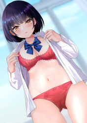 Rule 34 | 1girl, black hair, blurry, blurry background, blush, bob cut, bra, brown eyes, collarbone, collared shirt, commentary, highres, indoors, iwanishi, long sleeves, looking at viewer, navel, open clothes, open shirt, original, panties, parted lips, red bra, red panties, school uniform, shirt, smile, solo, standing, stomach, thigh gap, underwear, white shirt, window