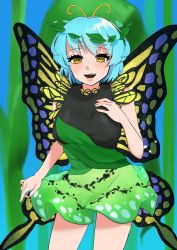 Rule 34 | 1girl, antennae, aqua hair, butterfly wings, cowboy shot, dress, eternity larva, fairy, green dress, hair between eyes, highres, insect wings, leaf, leaf on head, multicolored clothes, multicolored dress, open mouth, short hair, short sleeves, smile, solo, touhou, wings, yellow eyes, yomogi 0001