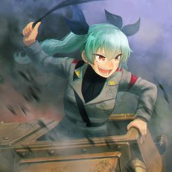 Rule 34 | &gt;:d, 10s, 1girl, :d, anchovy (girls und panzer), arm up, bad id, bad twitter id, belt, black necktie, black ribbon, black shirt, blush, buckle, collared shirt, determined, dress shirt, dust, girls und panzer, grey jacket, hair ribbon, holding, jacket, long hair, long sleeves, military, military uniform, military vehicle, motion blur, motor vehicle, necktie, open mouth, pointer, red eyes, ribbon, shirt, smile, smoke, solo, tank, teeth, tsurime, twintails, uniform, upper body, v-shaped eyebrows, vehicle, yue (tada no saboten)