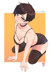 Rule 34 | 1girl, artist name, black choker, black dress, black hair, black thighhighs, blush, border, breasts, character name, choker, cleavage, closed mouth, dress, facing viewer, full body, gradient background, highres, kneeling, large breasts, looking at viewer, norman maggot, olive laurentia, original, outside border, pixie cut, red eyes, short hair, signature, simple background, solo, thighhighs, white border, yellow background