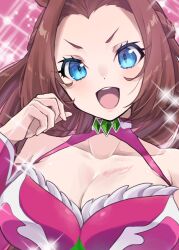 Rule 34 | 1girl, bare shoulders, blue eyes, breasts, brown hair, cleavage, cleavage cutout, clothing cutout, detached sleeves, diffraction spikes, dress, hand up, highres, johssnny, kawakami princess (umamusume), large breasts, long hair, looking at viewer, open mouth, pink dress, round teeth, sleeveless, sleeveless dress, solo, sparkle, teeth, twitter username, umamusume, upper body, upper teeth only, v-shaped eyebrows