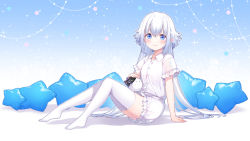 Rule 34 | 1girl, arm support, blue eyes, blush, chitetan, closed mouth, collared dress, commentary request, copyright request, creature, dress, frilled dress, frilled sleeves, frills, full body, hair between eyes, highres, knees up, long hair, looking at viewer, no shoes, short sleeves, sitting, smile, solo, star (symbol), thighhighs, very long hair, virtual youtuber, white dress, white hair, white thighhighs