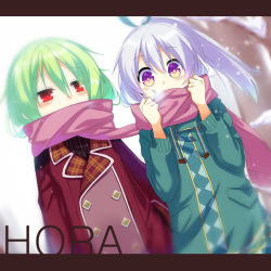 Rule 34 | 1boy, 1girl, bad id, bad pixiv id, coat, green hair, hair ribbon, letterboxed, long hair, nyori, original, ponytail, purple eyes, red eyes, ribbon, scarf, shared clothes, shared scarf, silver hair, winter clothes, winter coat