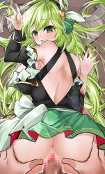 Rule 34 | 1boy, 1girl, ^^^, anus, ass, ass grab, back cutout, black hairband, black sleeves, blush, bow, breasts, censored, clenched teeth, clothing cutout, detached sleeves, doggystyle, elsword, frills, grabbing another&#039;s ass, green eyes, green hair, green skirt, groping, hair ornament, hairband, hetero, juliet sleeves, large breasts, long hair, long sleeves, looking at viewer, looking back, mosaic censoring, motion lines, no panties, penis, puffy sleeves, rena erindel, sex, sex from behind, skirt, sula (s ra760), sweat, tale spinner (elsword), teeth, vaginal, white bow