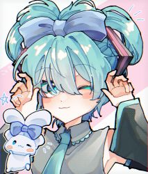 Rule 34 | 1girl, 1other, :3, aqua necktie, bare shoulders, black sleeves, blue bow, blue eyes, blue hair, blush, blush stickers, bow, cinnamiku, cinnamoroll, collared shirt, commentary, cotolu, detached sleeves, ear bow, grey shirt, hair bow, hair ornament, hands up, hatsune miku, highres, looking to the side, necktie, one eye closed, sanrio, shirt, sleeveless, sleeveless shirt, smile, solo focus, star (symbol), upper body, vocaloid