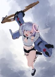 Rule 34 | 1girl, :d, amemiya nazuna, amemiya nazuna (1st costume), angel wings, black footwear, black shorts, cloud, cloudy sky, commentary, constricted pupils, crazy eyes, english commentary, false smile, flat chest, frilled sleeves, frills, full body, grey hair, halo, highres, imminent hit, jacket, lightning, long sleeves, looking at viewer, midriff, navel, open mouth, red eyes, shoes, short hair, short shorts, shorts, single wing, sky, sleeves past wrists, smile, socks, solo, thigh strap, virtual youtuber, vshojo, white socks, wings, yoako