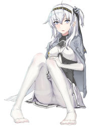 Rule 34 | 1girl, absurdres, arm support, blush, bodysuit, breasts, chaoxi, character name, clothes writing, gloves, grey eyes, grey jacket, hair between eyes, hand on own knee, headband, highres, jacket, jacket on shoulders, kantai collection, long hair, looking at viewer, miniskirt, one side up, open mouth, panties, pantyhose, pantyshot, pleated skirt, sailor collar, school uniform, silver hair, sitting, skirt, smile, suzutsuki (kancolle), underwear, white gloves, white panties, white pantyhose