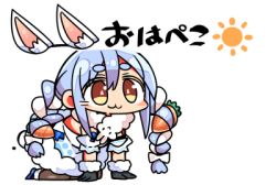 Rule 34 | 1girl, :3, all fours, animal ear fluff, animal ears, black gloves, blue hair, blush, bow, braid, brown eyes, brown pantyhose, carrot hair ornament, chibi, closed mouth, commentary request, detached ears, don-chan (usada pekora), dress, food-themed hair ornament, full body, fur-trimmed dress, fur-trimmed gloves, fur trim, gloves, hair between eyes, hair bow, hair ornament, hololive, kanikama, lowres, multicolored hair, pantyhose, rabbit ears, short eyebrows, simple background, sun symbol, thick eyebrows, translation request, twin braids, twintails, two-tone hair, usada pekora, usada pekora (1st costume), virtual youtuber, white background, white bow, white dress, white hair