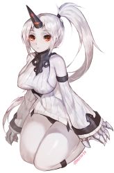 Rule 34 | 10s, 1girl, abyssal ship, alternate hairstyle, bare shoulders, breasts, claws, covered erect nipples, detached sleeves, dress, highres, horns, kantai collection, large breasts, long hair, looking at viewer, mukka, pale skin, ponytail, red eyes, ribbed dress, seaport princess, short dress, simple background, single horn, solo, thighs, very long hair, white background, white hair