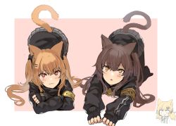 Rule 34 | 3girls, :3, :o, animal ears, black bow, black gloves, black jacket, bow, bright pupils, brown hair, cat ears, cat tail, fingerless gloves, ganesagi, girls&#039; frontline, gloves, grey skirt, hair bow, hair ornament, hairband, hairclip, idw (girls&#039; frontline), jacket, kemonomimi mode, light brown hair, long sleeves, looking at viewer, multiple girls, one side up, pantyhose, parted lips, pink background, pleated skirt, red eyes, scar, scar across eye, scar on face, siblings, simple background, sisters, skirt, tail, top-down bottom-up, two side up, ump45 (girls&#039; frontline), ump9 (girls&#039; frontline), yellow eyes