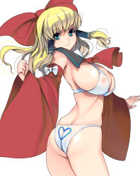 Rule 34 | 1girl, arched back, ass, blonde hair, blue eyes, bow, bra, breasts, cleavage, detached sleeves, flat ass, hair bow, hakurei reimu, heart, highres, kouno (masao), large breasts, long hair, looking at viewer, looking back, nipples, panties, print panties, red bow, see-through, simple background, smile, solo, thighs, touhou, underwear, white background, white bra, white panties